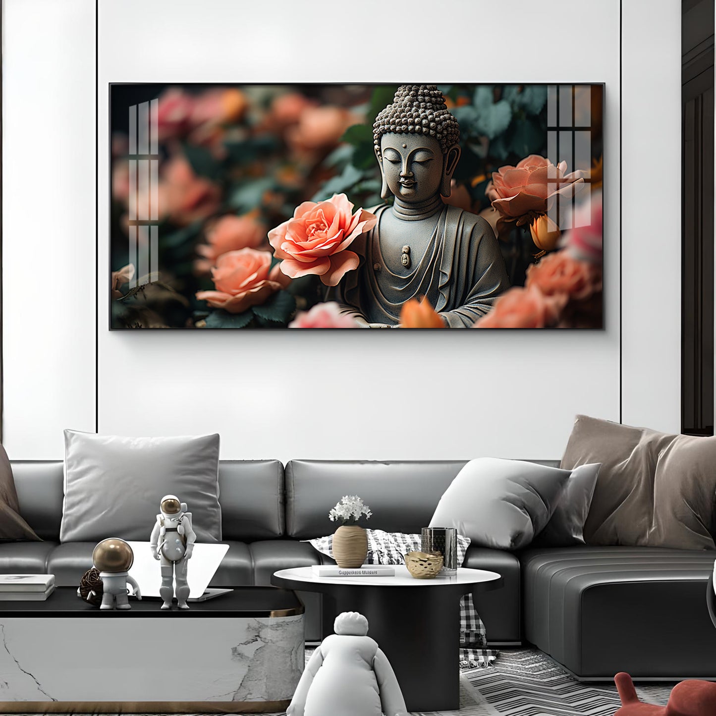 Calm Buddha With Flower Glass Finish Horizontal Wall Art