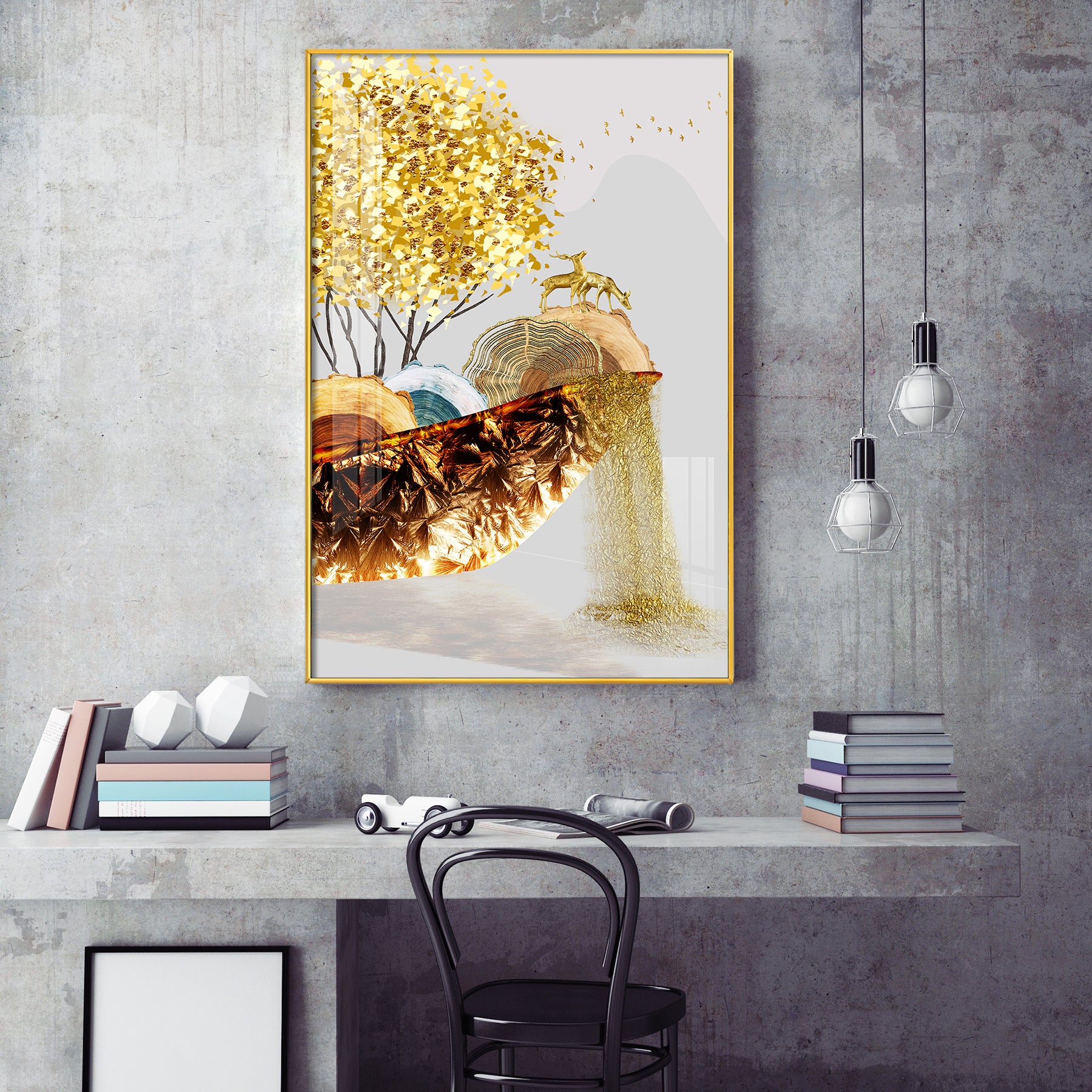 Golden Serenity Glass Finish Vertical Wall Art