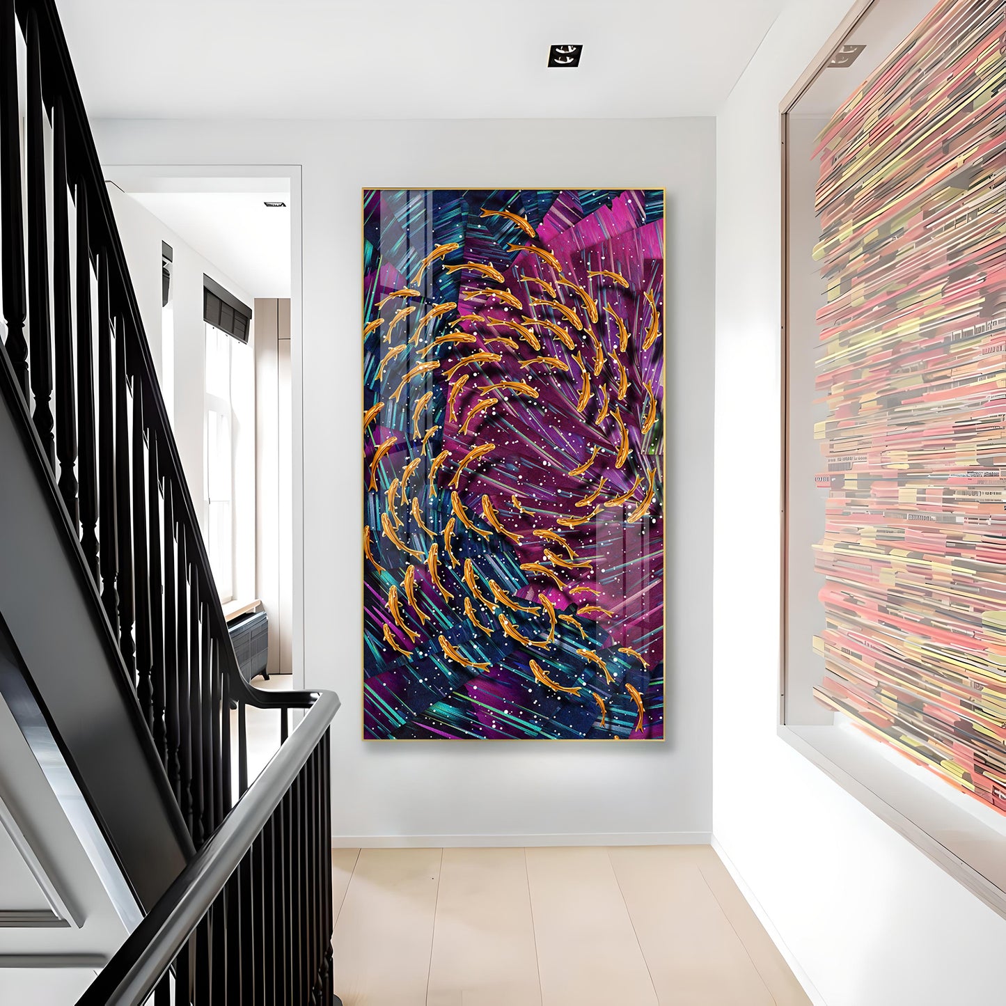 Chromatic Fish Dance Glass Finish Vertical Wall Art