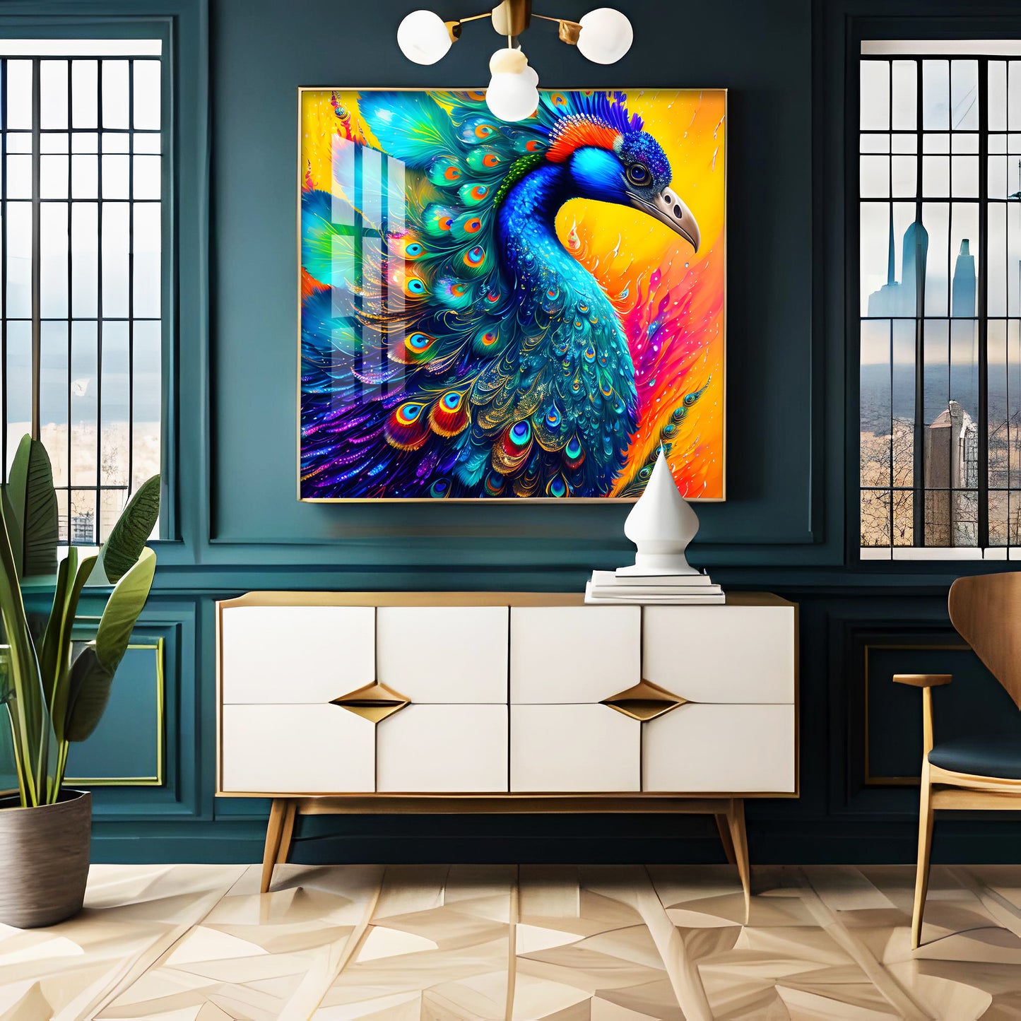 Radiant Peacock Glass Finish Square Wall Art