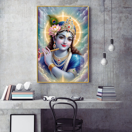 Krishna's Tranquil Abode Glass Finish Vertical Wall Art