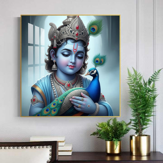 Baby Krishna With Peacock Glass Finish Square Wall Art