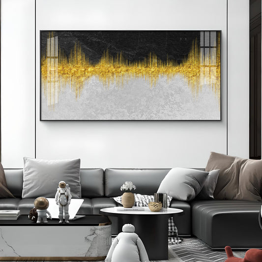 Abstract Marble Golden Black Glass Finish Horizontal Wall Art