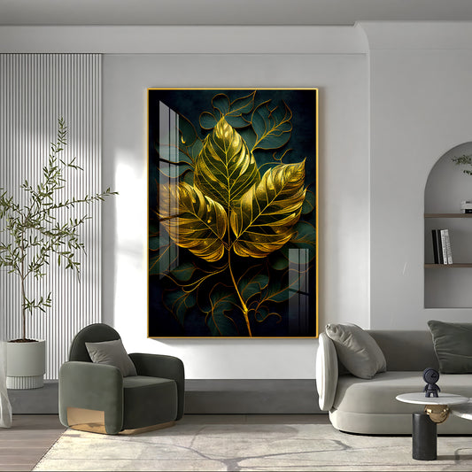 Golden Aura Leaf Glass Finish Vertical Wall Art
