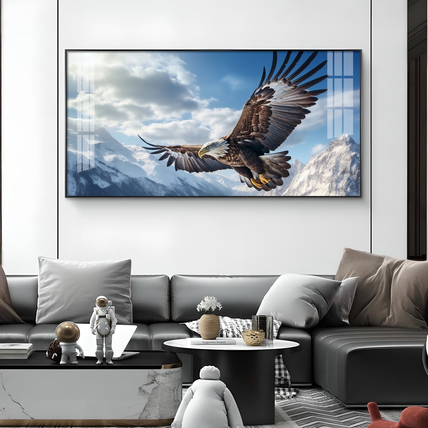 Eagle Flying Over Mountains Glass Finish Horizontal Wall Art