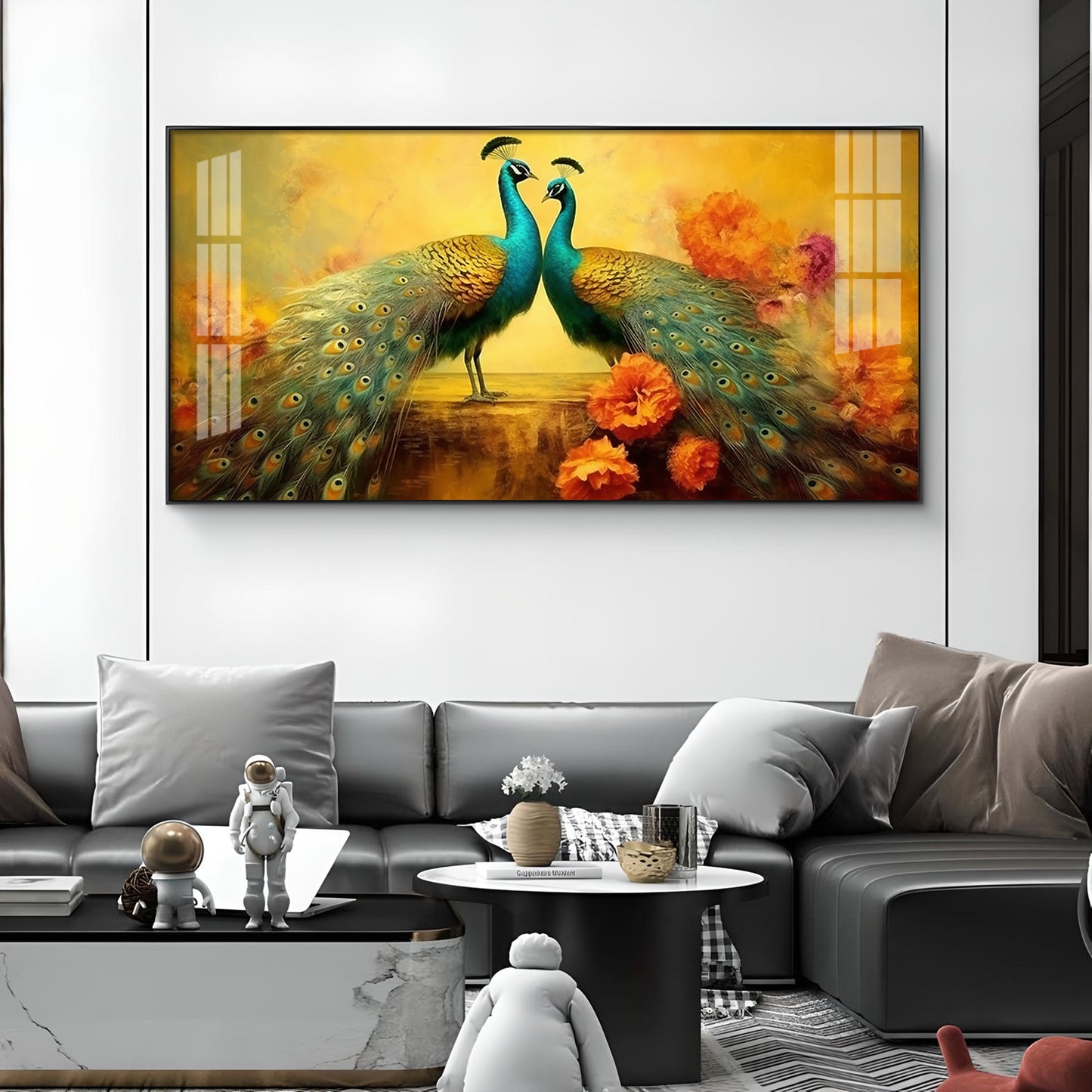 Peacocks With Flower Background Glass Finish Horizontal Wall Art