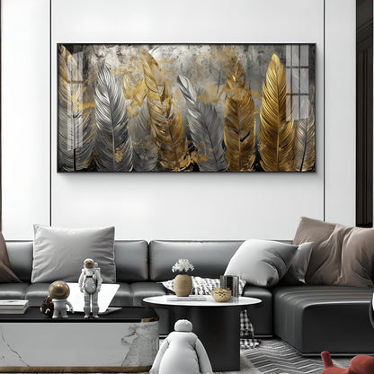 Golden And Silver Feather Glass Finish Horizontal Wall Art