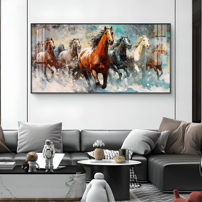 Running Horses Vastu Glass Finish Horizontal Wall Art