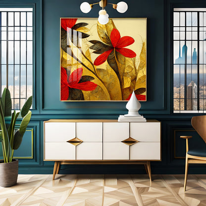 Scarlet Bloom Glass Finish Square Wall Art