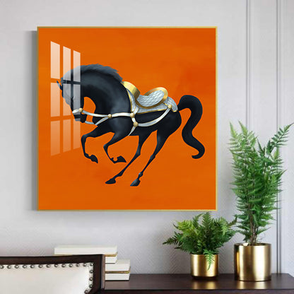 Jumping Horse In Orange Horizon Glass Finish Square Wall Art