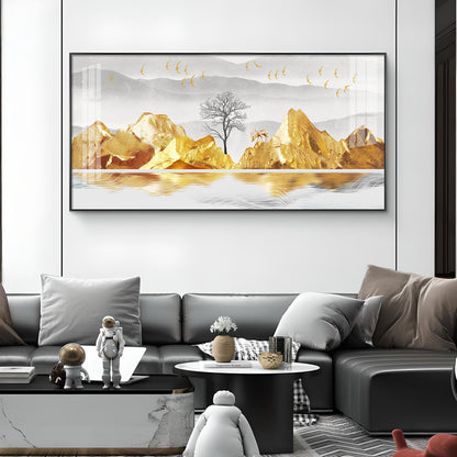 Golden Mountains And Birds Glass Finish Horizontal Wall Art