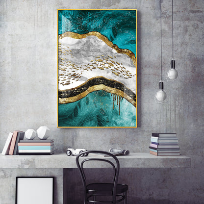 Aqua Gold Cascade Glass Finish Vertical Wall Art