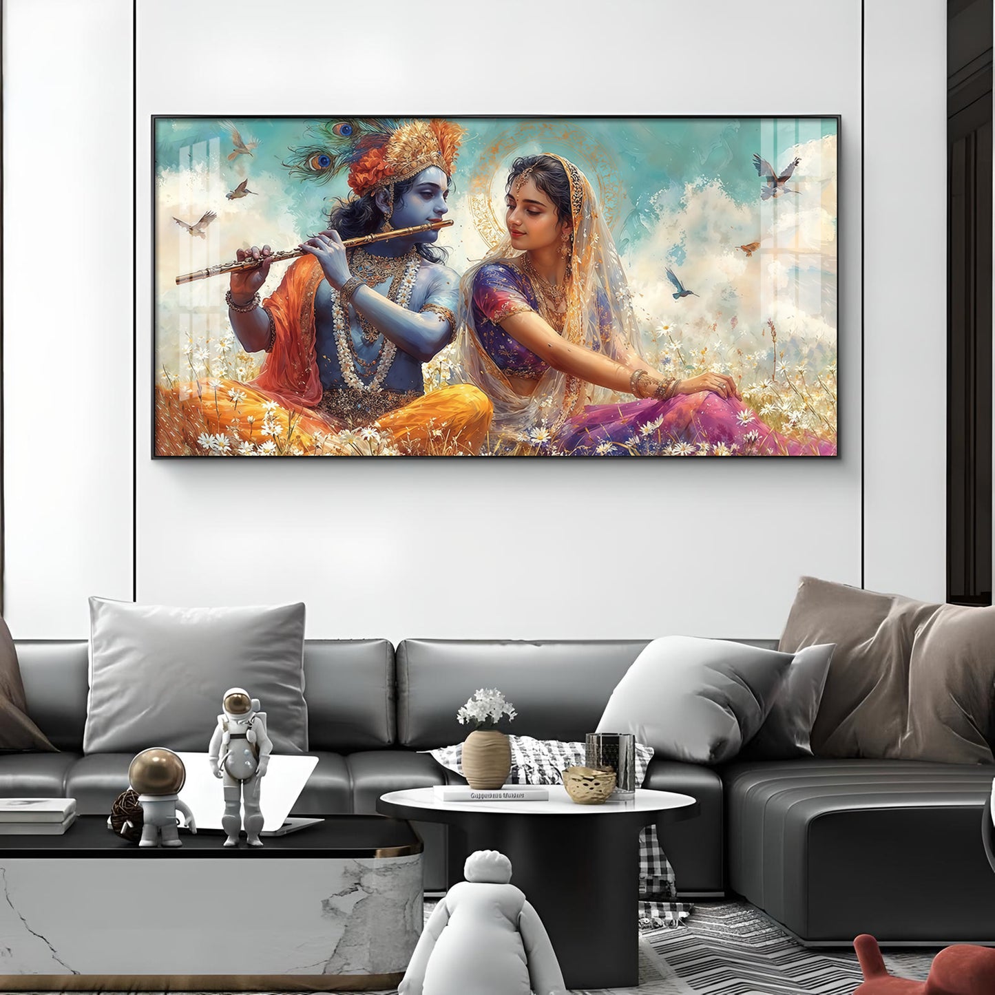Radhe Krishna Loving Glass Finish Horizontal Wall Art