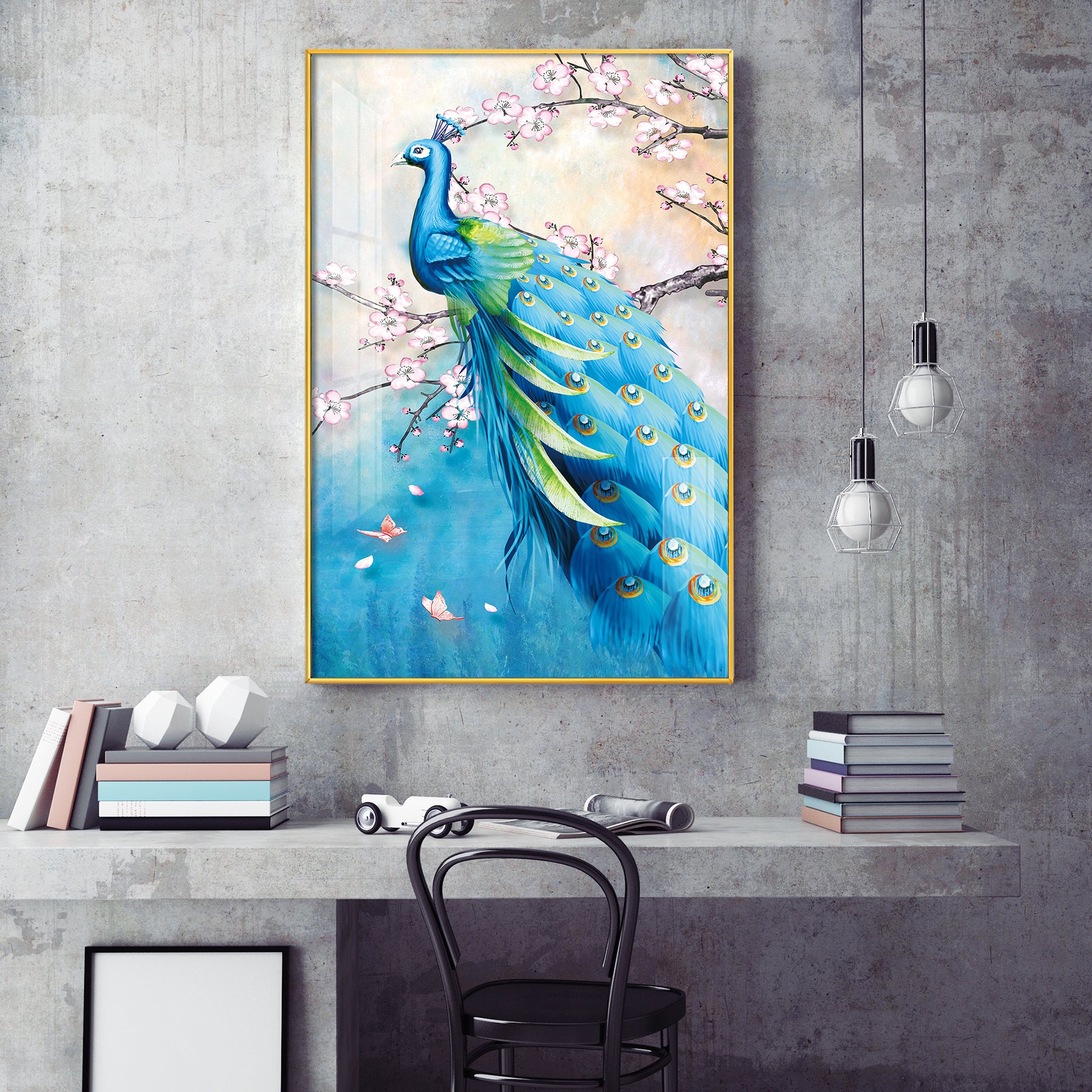 Peacock In Bloom Glass Finish Vertical Wall Art