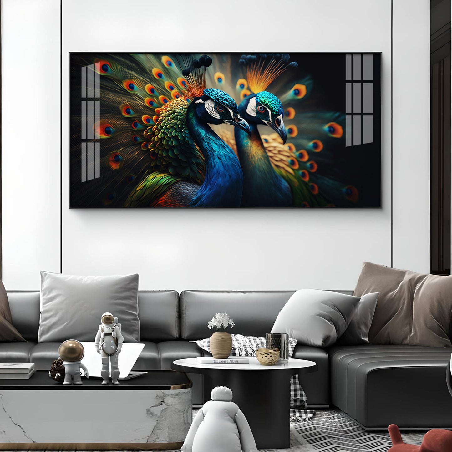 Peacock Duo Glass Finish Horizontal Wall Art