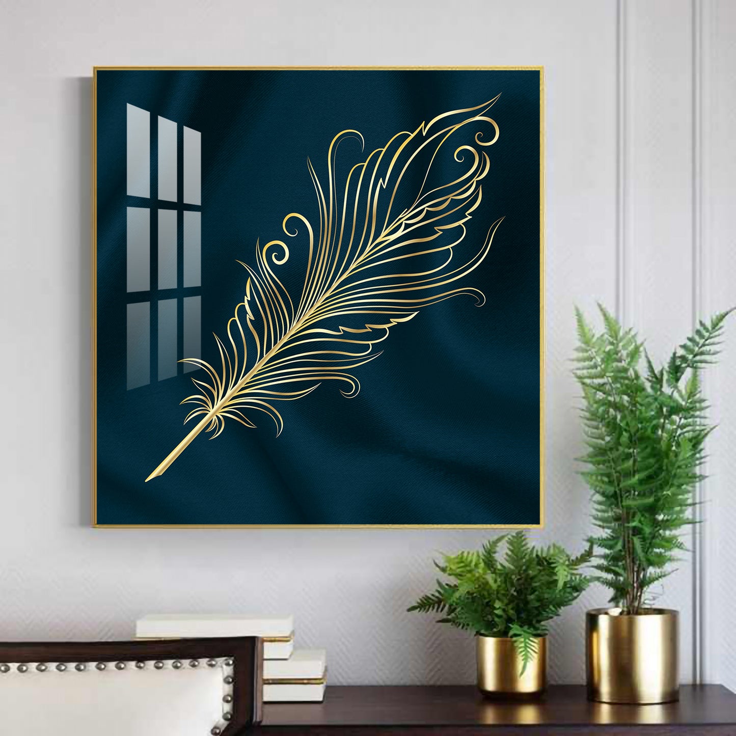 Feather on Azure Glass Finish Square Wall Art