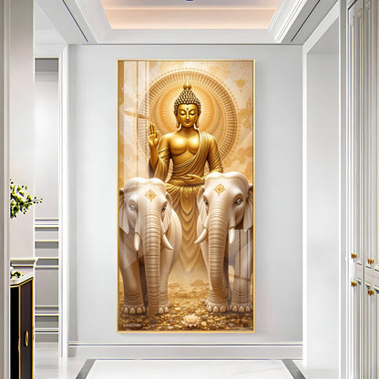 Meditating Budha With Alpha Elephant Glass Finish Vertical Wall Art