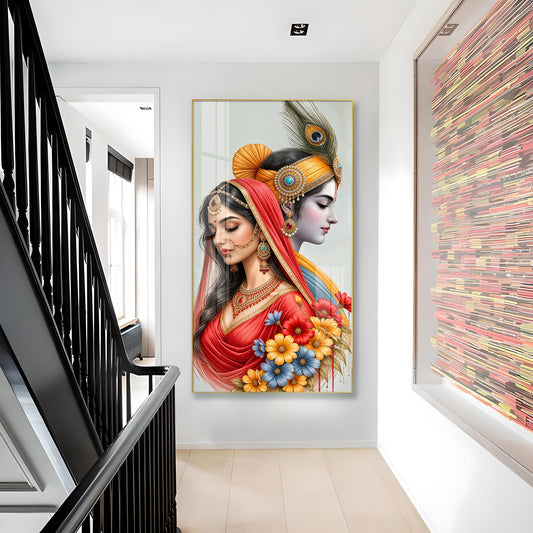Loving Radha Krishna Glass Finish Vertical Wall Art