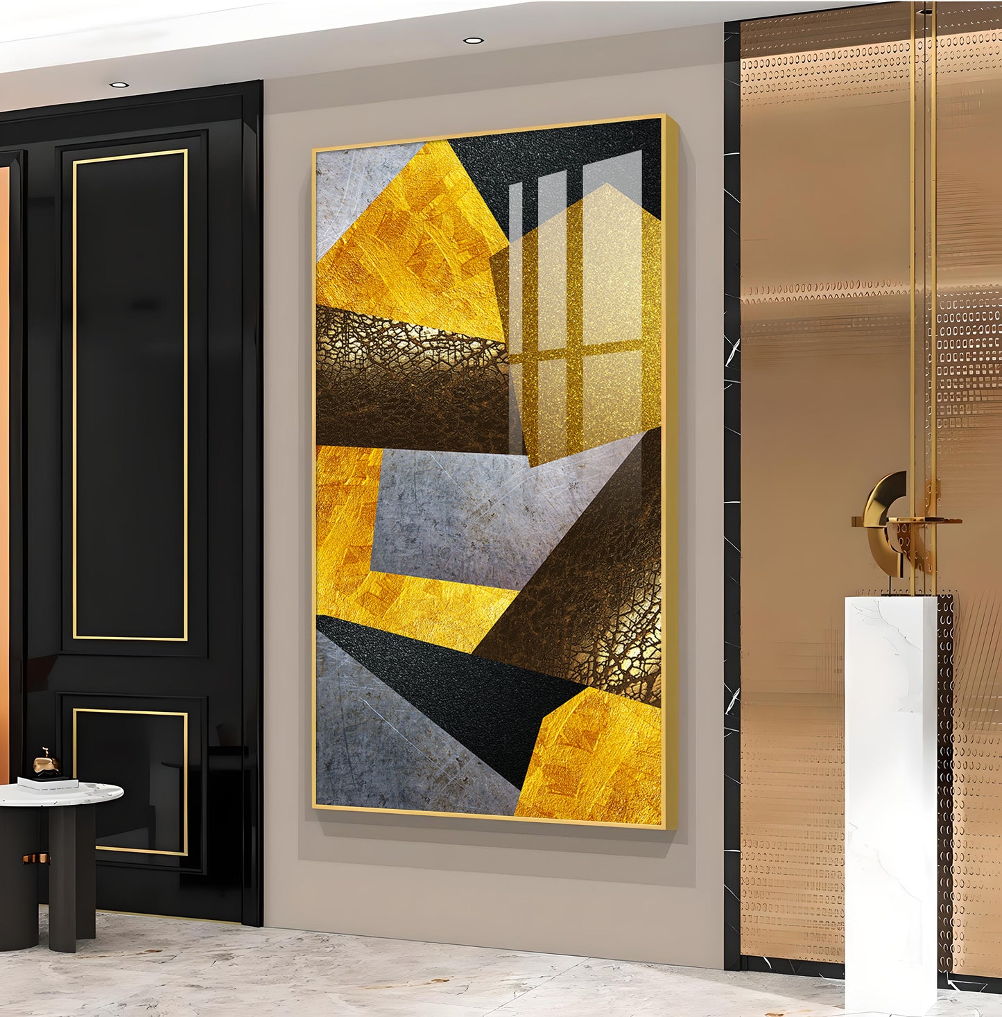 Black and Gold Abstract Vision Glass Finish Vertical Wall Art