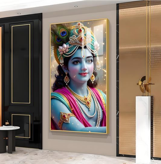 Lord Jai Shri Krishna Glass Finish Vertical Wall Art