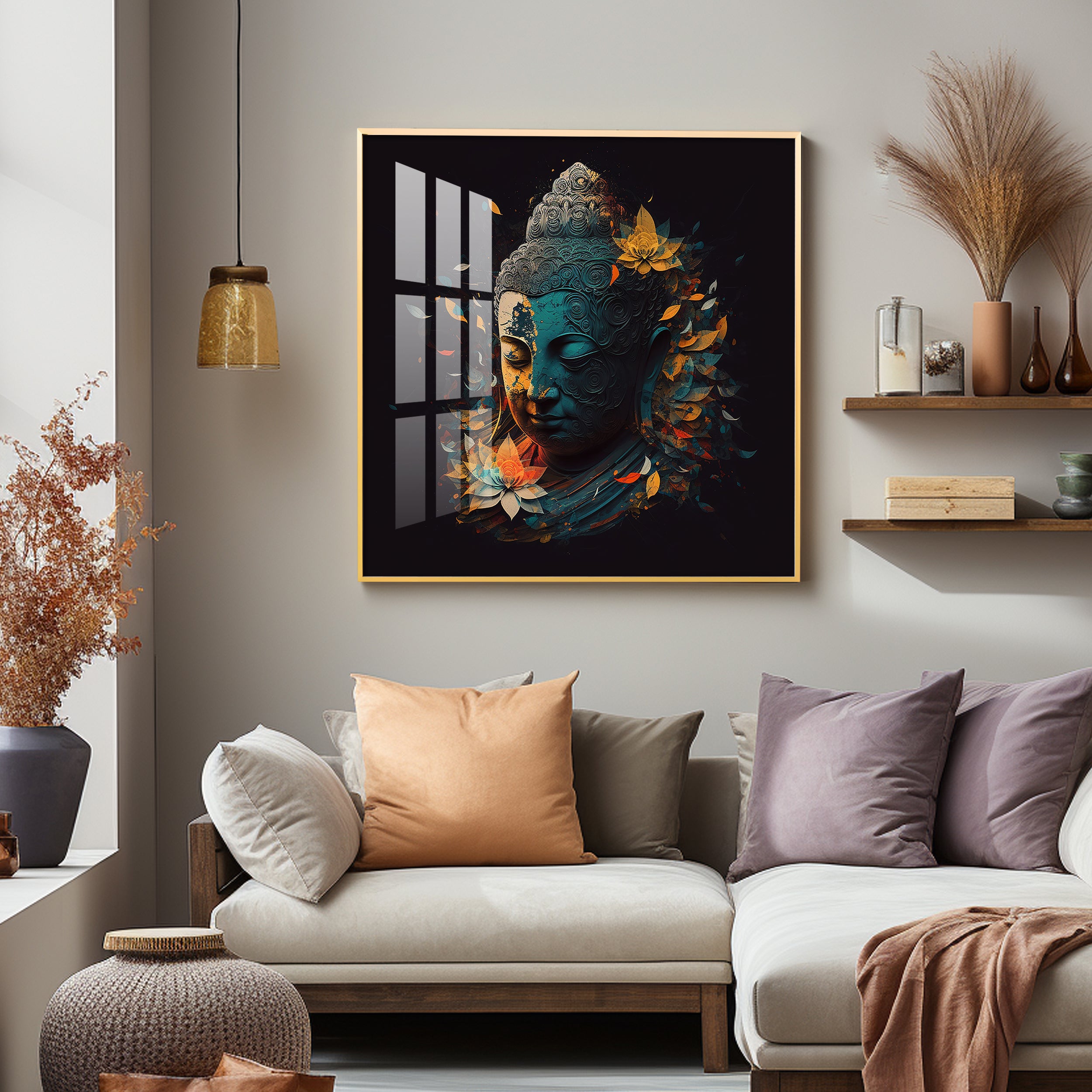 Peaceful Reflection Buddha Glass Finish Square Wall Art