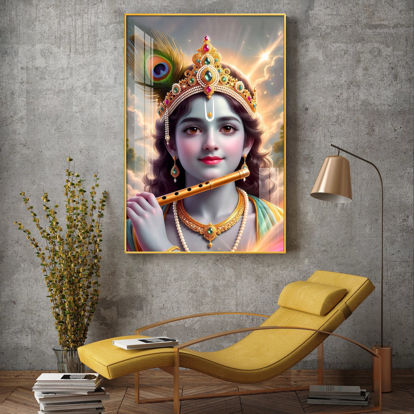 Shri Krishna Ji With Flute Glass Finish Vertical Wall Art