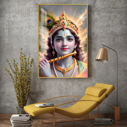 Shri Krishna Ji With Flute Glass Finish Vertical Wall Art