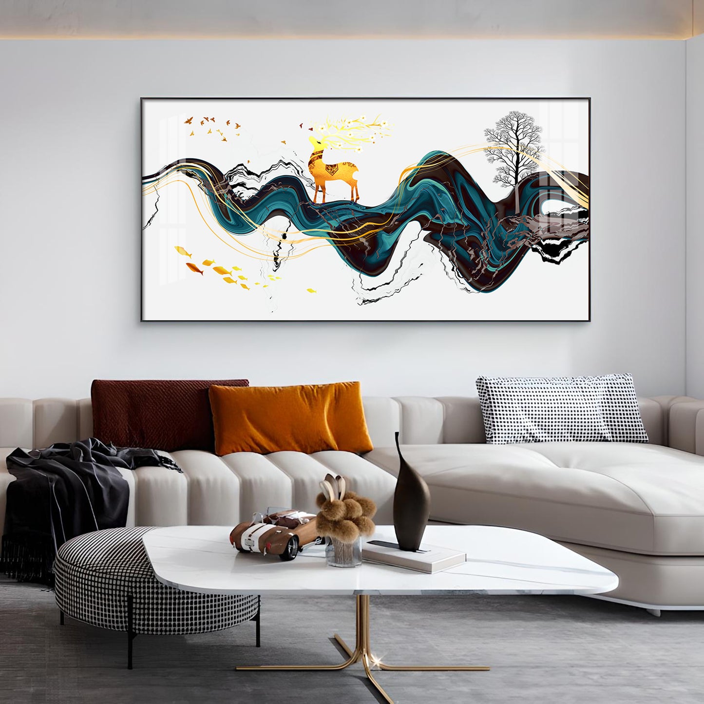 Golden Deer With Multi Color Floating Glass Finish Horizontal Wall Art