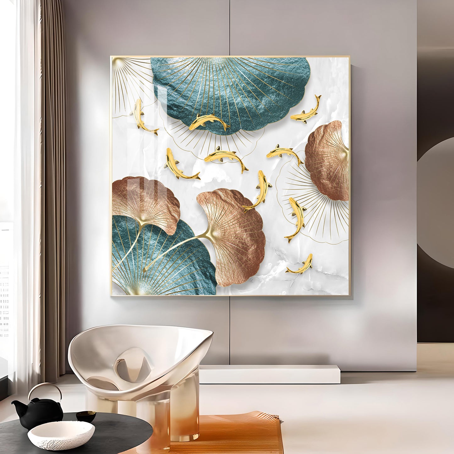 Opulent Blue Gold Flora Glass Finish Square Wall Art