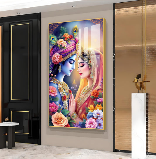 Divine Love Of Radha Krishna Glass Finish Vertical Wall Art