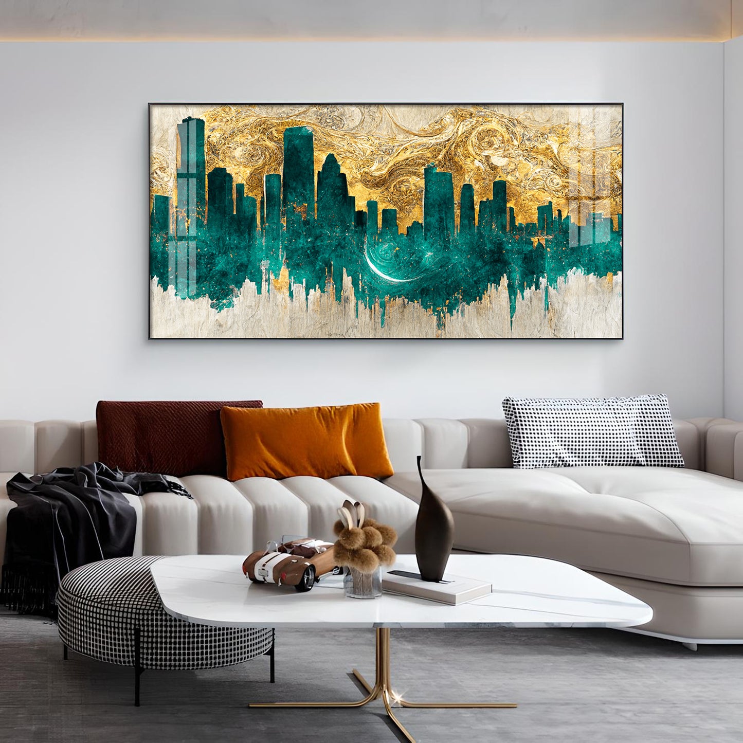 Golden Urban Vista Glass Finish Horizontal Wall Art