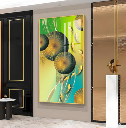 Emerald Oasis Koi Glass Finish Vertical Wall Art