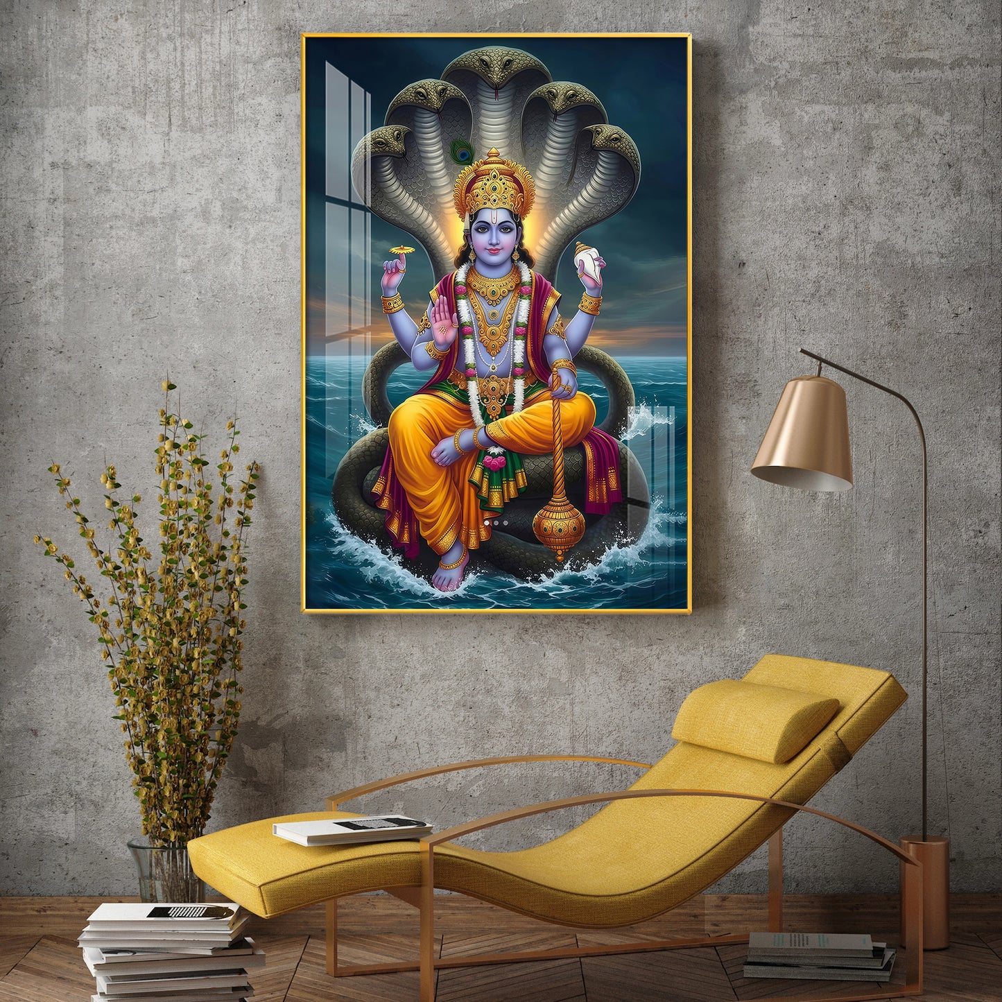 Jay Vishnu Bhagwan Glass Finish Vertical Wall Art