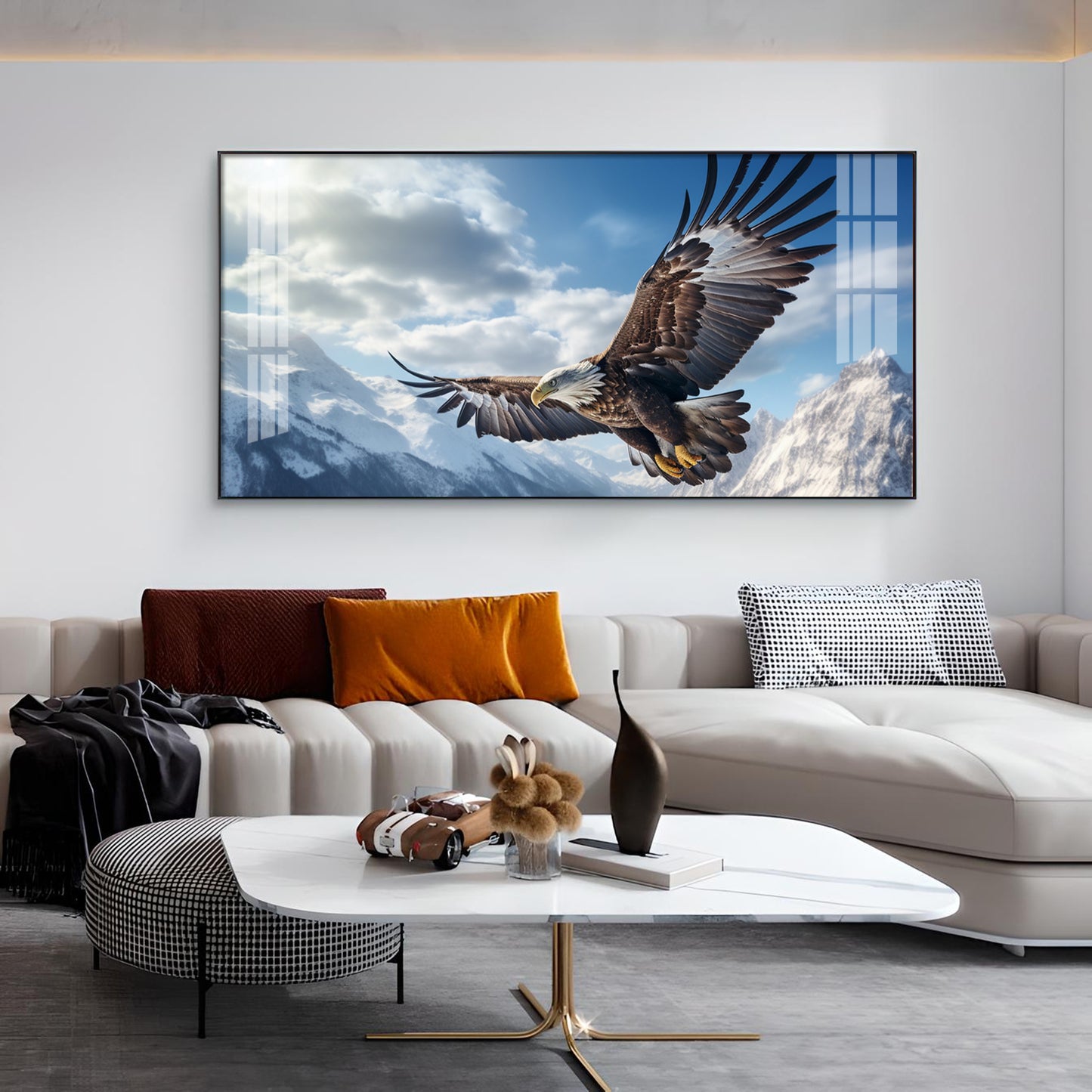 Eagle Flying Over Mountains Glass Finish Horizontal Wall Art