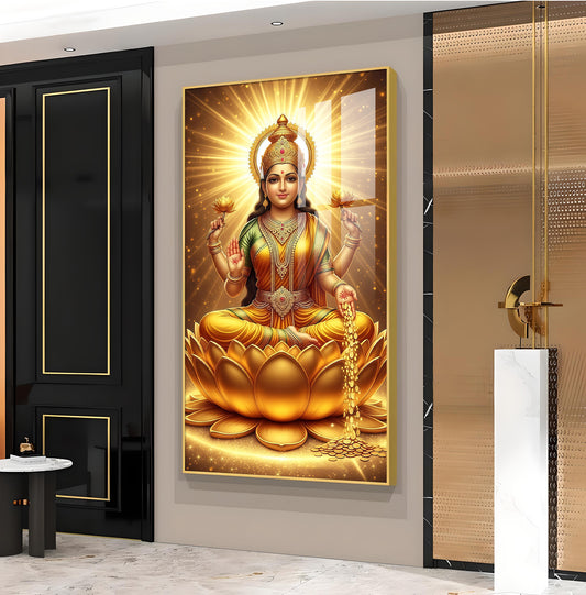 Maa Laxmi On Lotus Glass Finish Vertical Wall Art