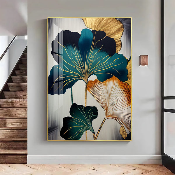 Green And White Petals Glass Finishh Vertical Wall Art