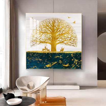 Portrait of Deer and Tree Glass Finish Square Wall Art