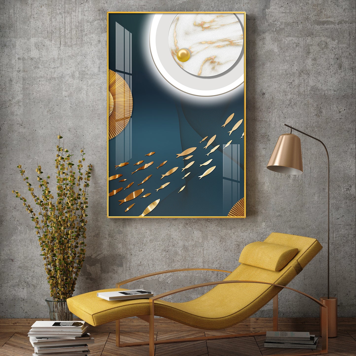 Tranquil Fish In White Space Glass Finish Vertical Wall Art