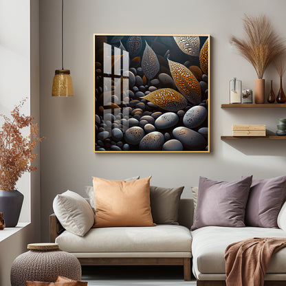 Leaves and Stones Glass Finish Square Wall Art