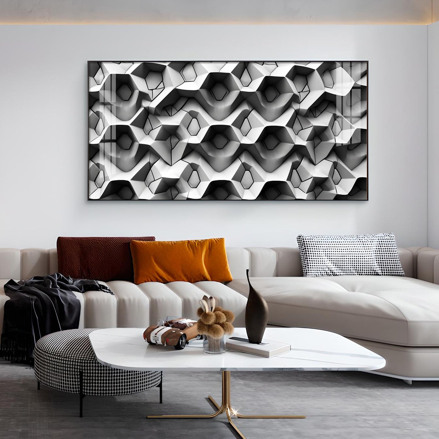 Beautiful Geometric Gray Background Glass Finish Horizontal Wall Art