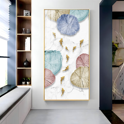 Golden Fish Umbrella Mosaic Glass Finish Vertical Wall Art