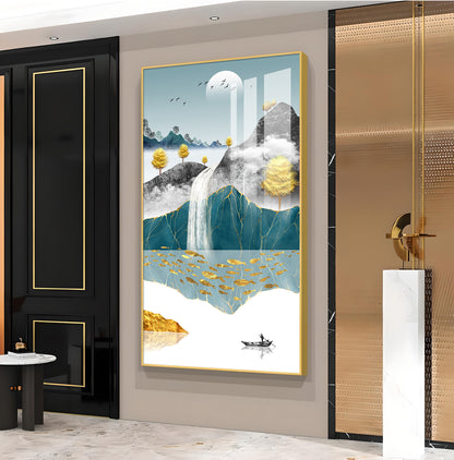 Painting of a Waterfall and Boat Glass Finish Vertical Wall Art