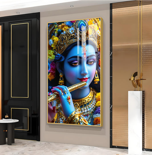 Blue Krishna Glass Finish Vertical Wall Art
