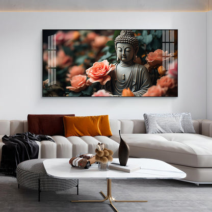 Calm Buddha With Flower Glass Finish Horizontal Wall Art