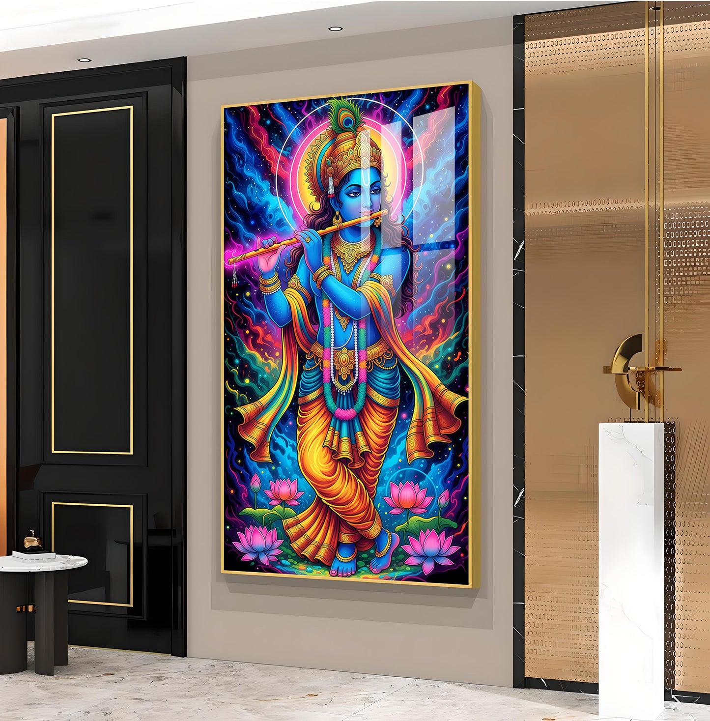 Jai Shree Krishna Glass Finish Vertical Wall Art