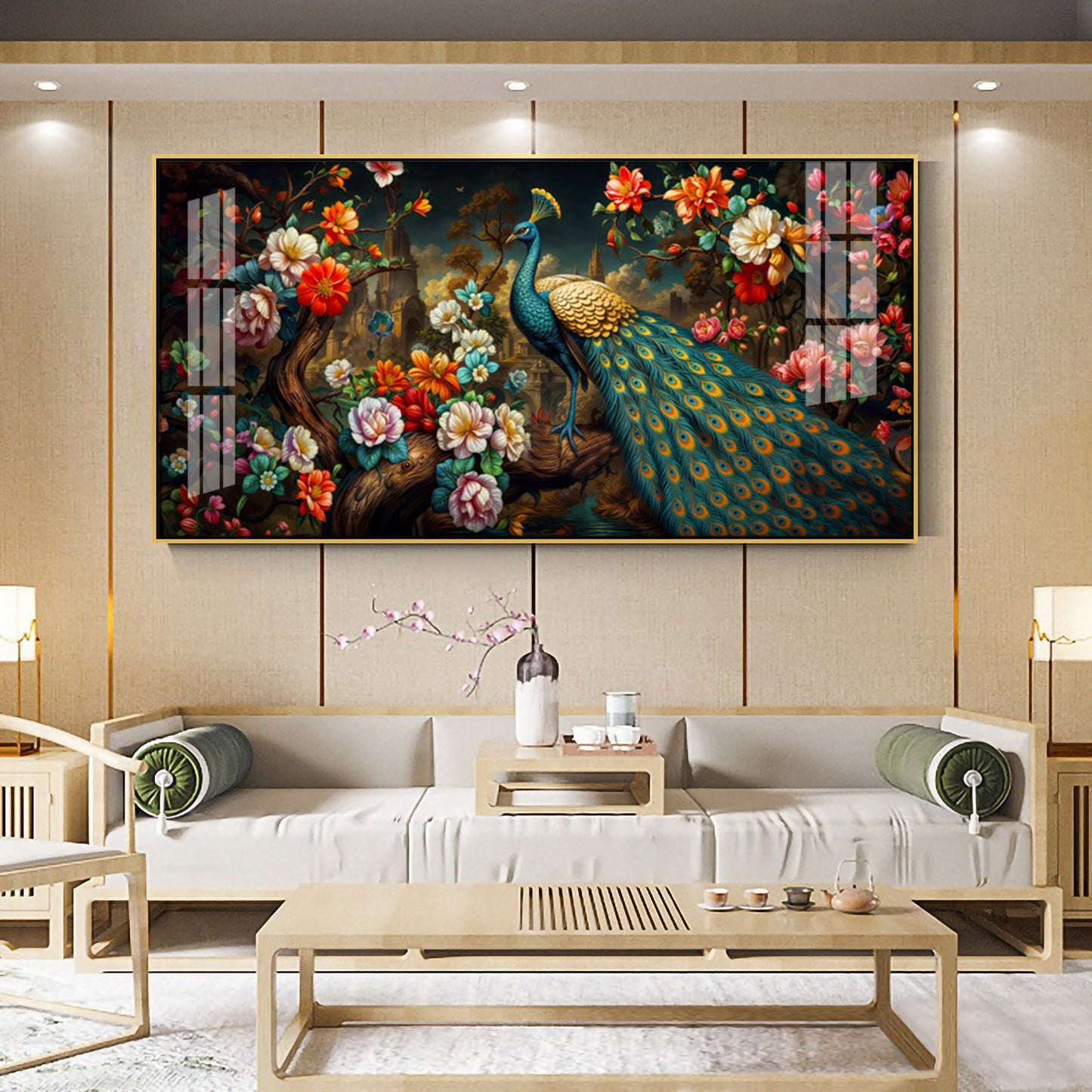 Peacock In Colorful Blossom Glass Finish Horizontal Wall Art