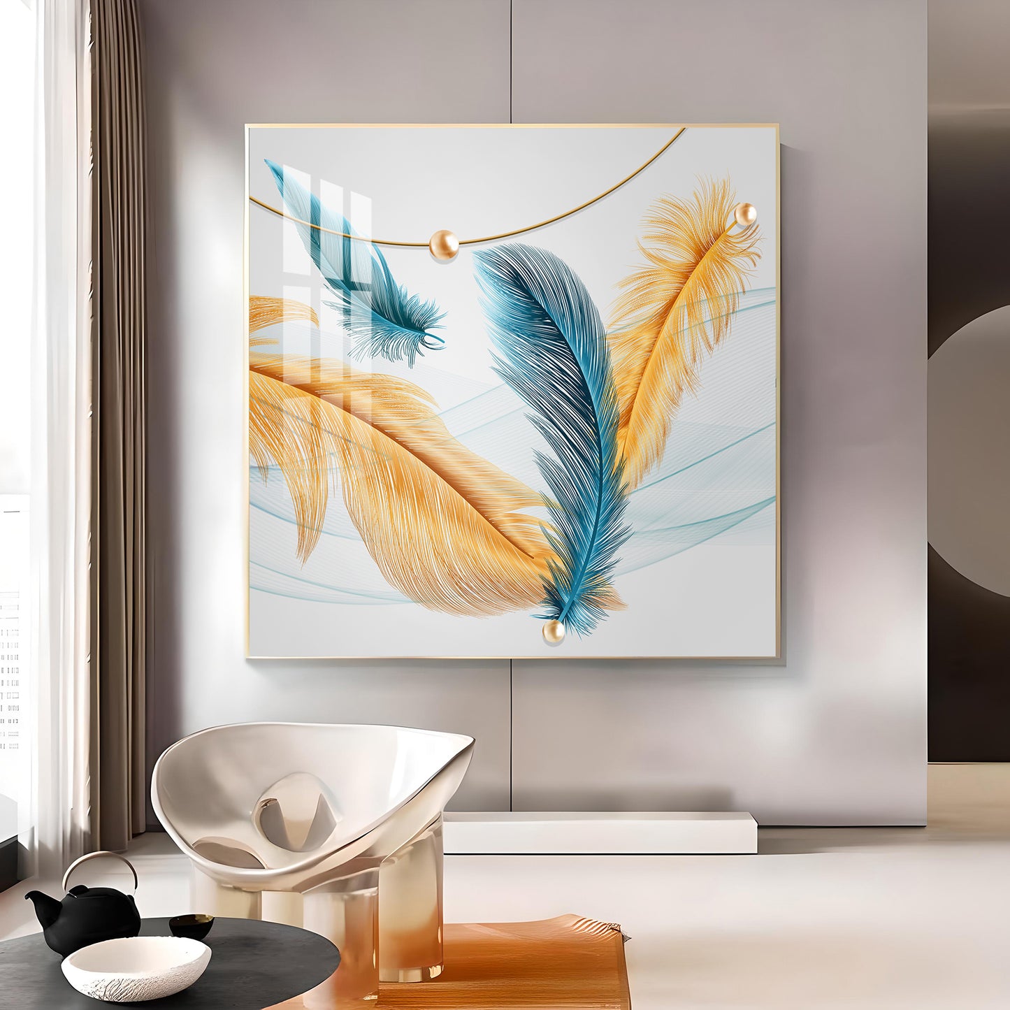 Radiant Blue and Yellow Plume Glass Finish Square Wall Art