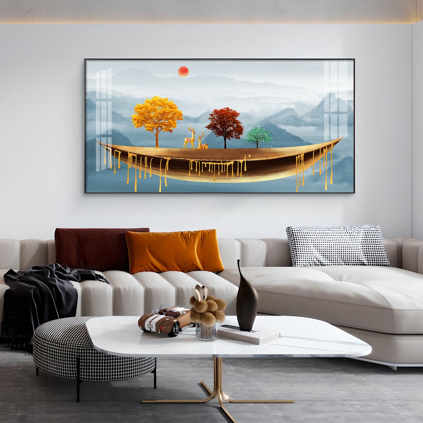 Golden Abstract Landscape Art Colored Line Tree Glass Finish Horizontal Wall Art