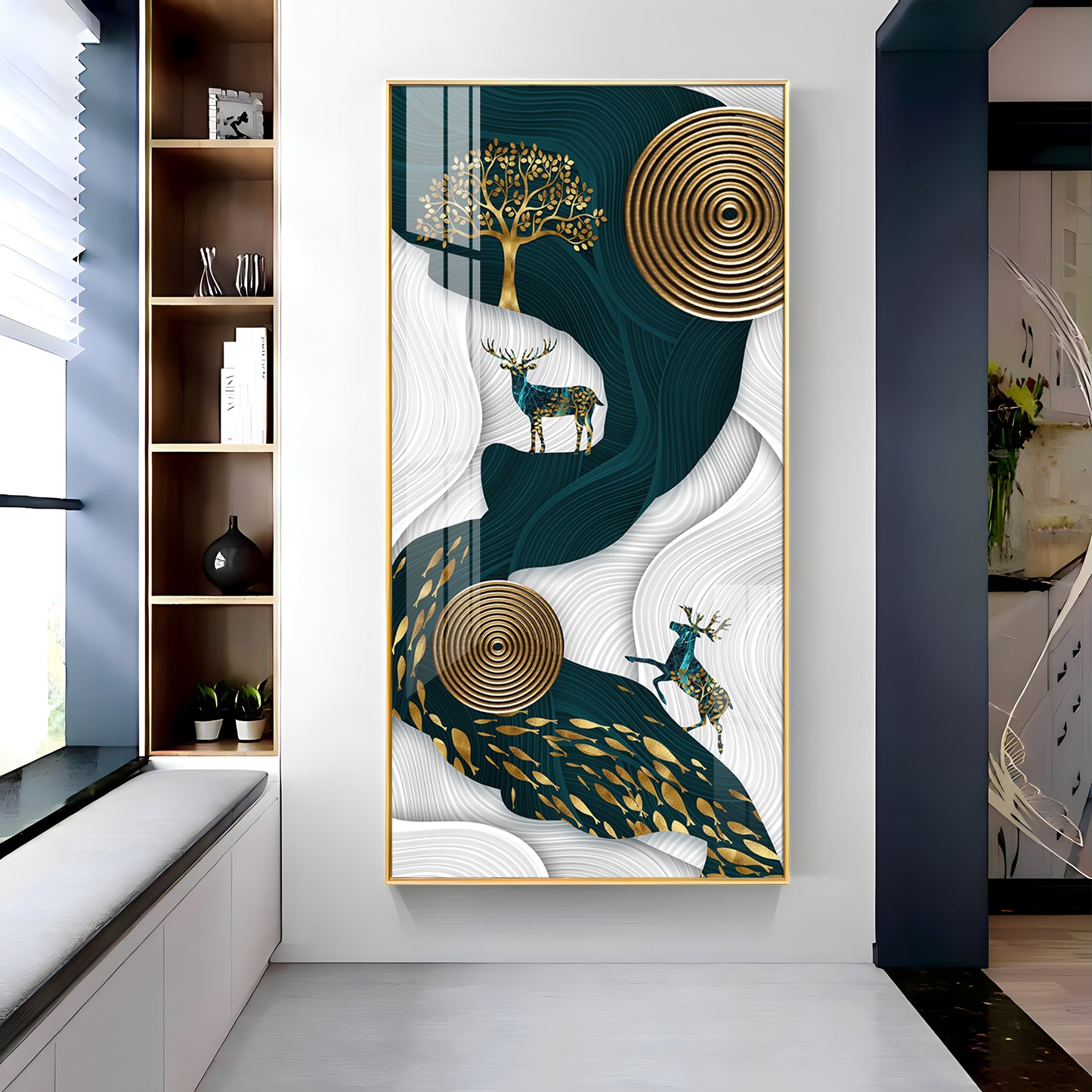 Deer and Tree Glass Finish Vertical Wall Art
