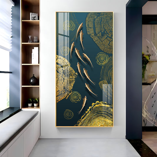 Green Koi Fishes Glass Finish Vertical Wall Art